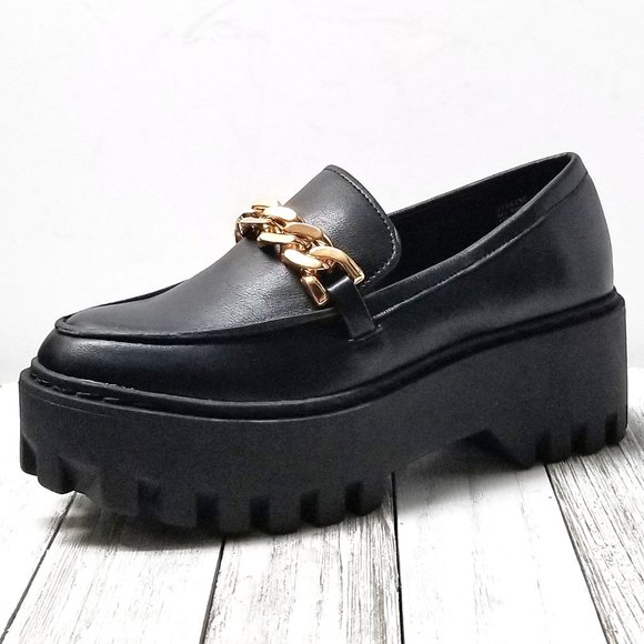 Black Chunky Loafers with Gold Chain - Picture 2 of 3